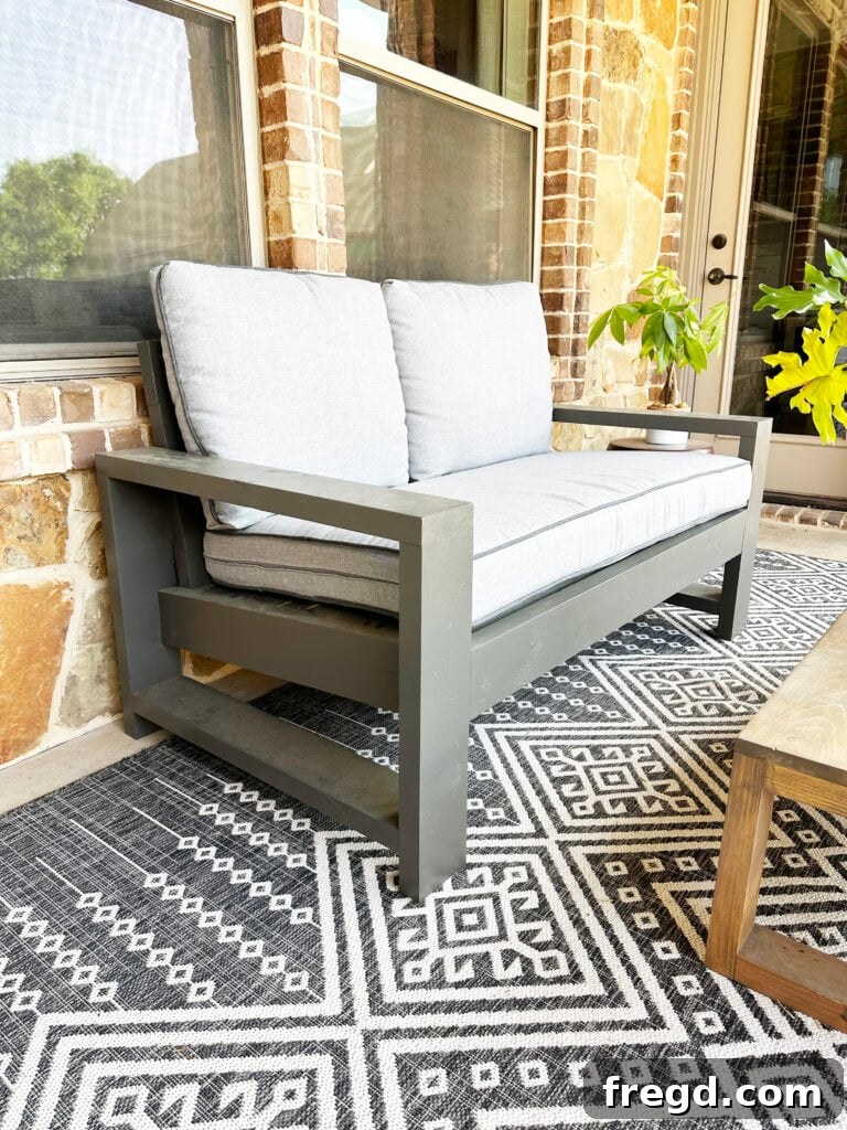 Comfortable DIY Outdoor Sofa made from wood on a patio