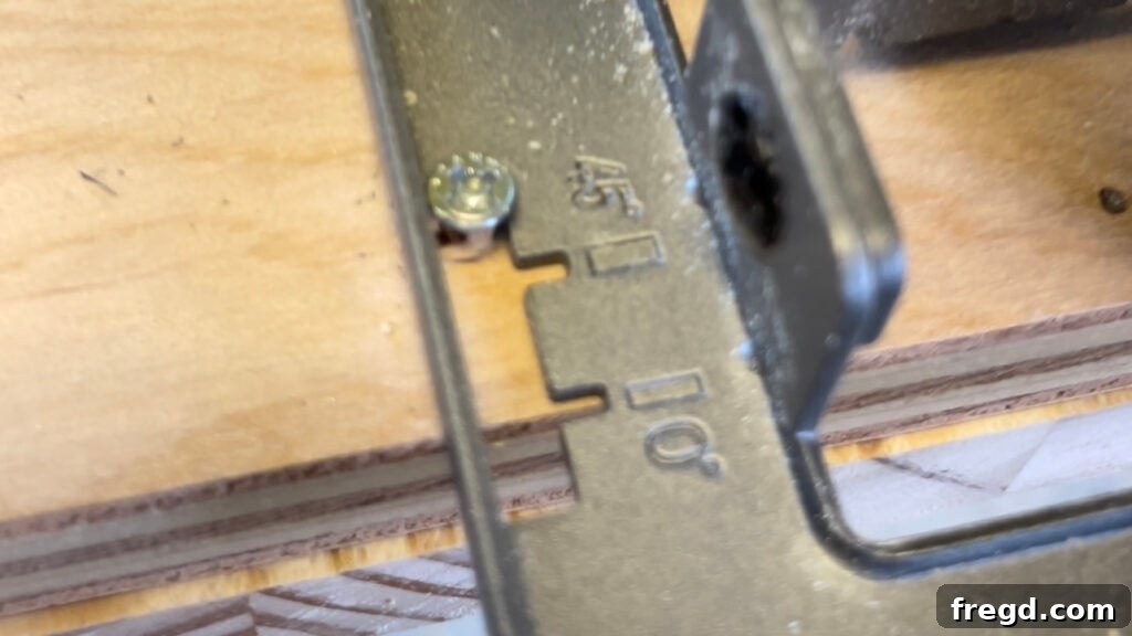 Close-up of the front screw securing the circular saw.