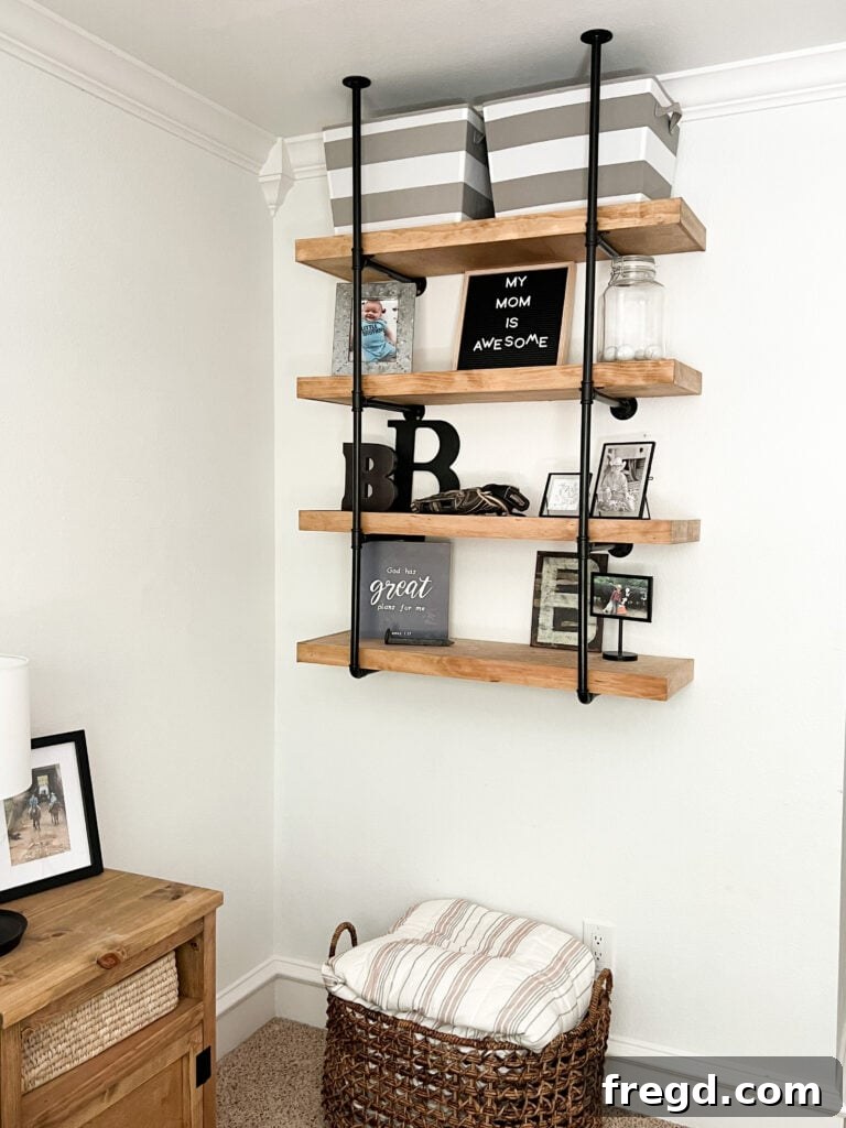 Decorated industrial pipe shelves