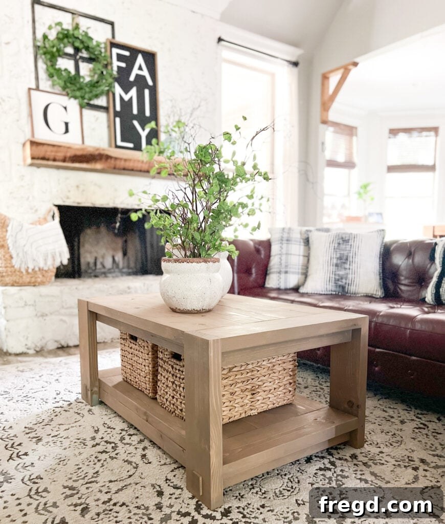 Craft Your Seven-Board Coffee Table 19 Beautifully finished DIY coffee table as the centerpiece of a living room, showcasing its style and craftsmanship.