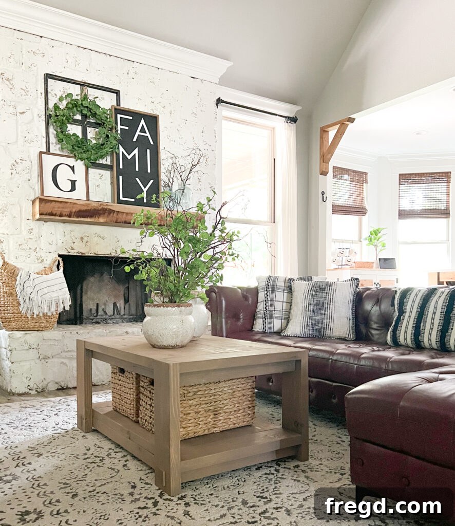 Craft Your Seven-Board Coffee Table 20 Another view of the DIY wood coffee table in a home setting, highlighting its rustic yet refined appeal and ample surface area.