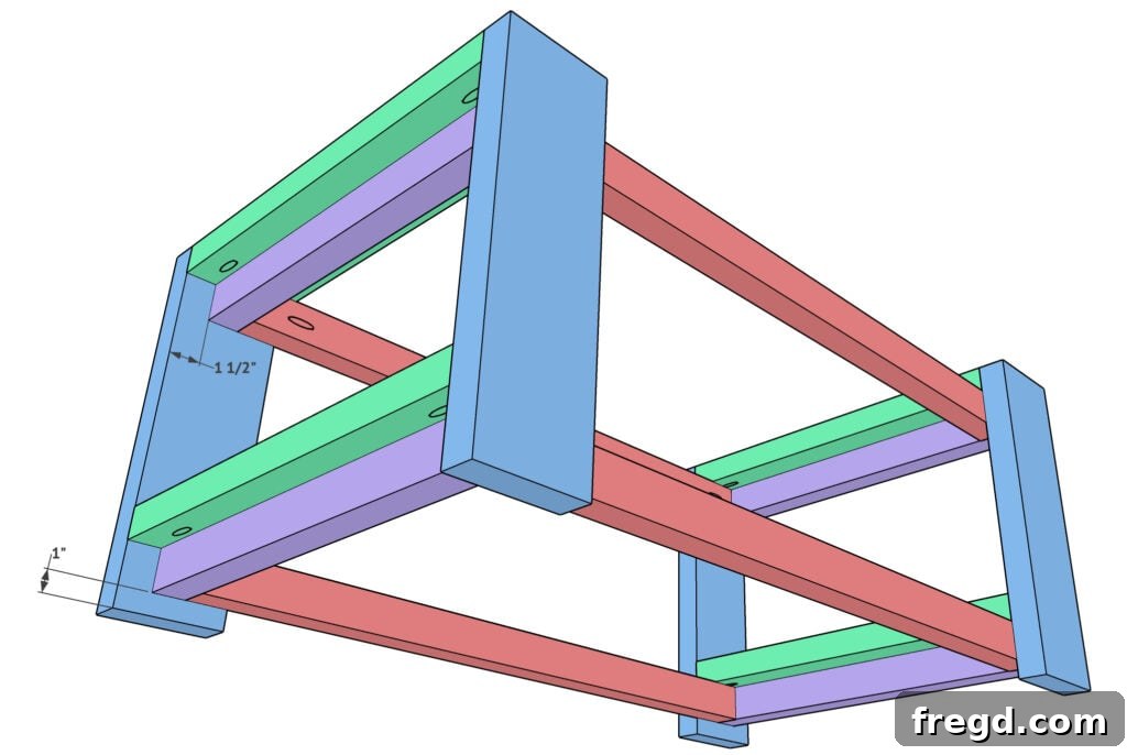 Craft Your Seven-Board Coffee Table 9 Attaching apron frames to leg assemblies, forming the main body of the coffee table. Crucial step for structural integrity.