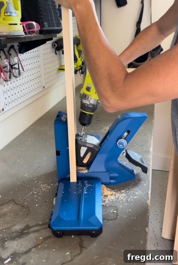 Craft Your Sleep Haven: DIY Bed Frame and Timber Headboard 2 Kreg Jig in use for pocket holes