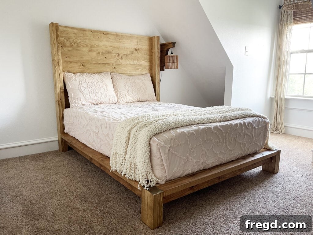 Craft Your Sleep Haven: DIY Bed Frame and Timber Headboard 21 Completed DIY Wood Bed with bedding