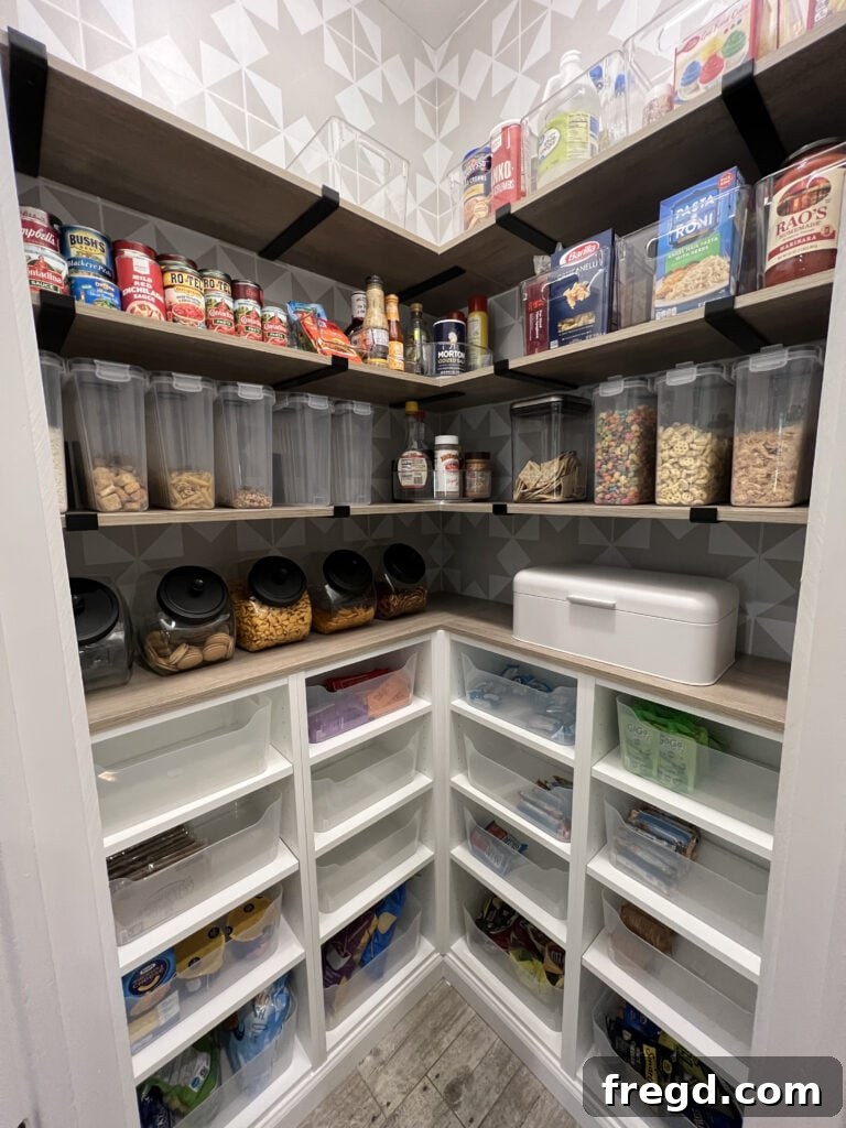 Before and after of a DIY corner pantry renovation