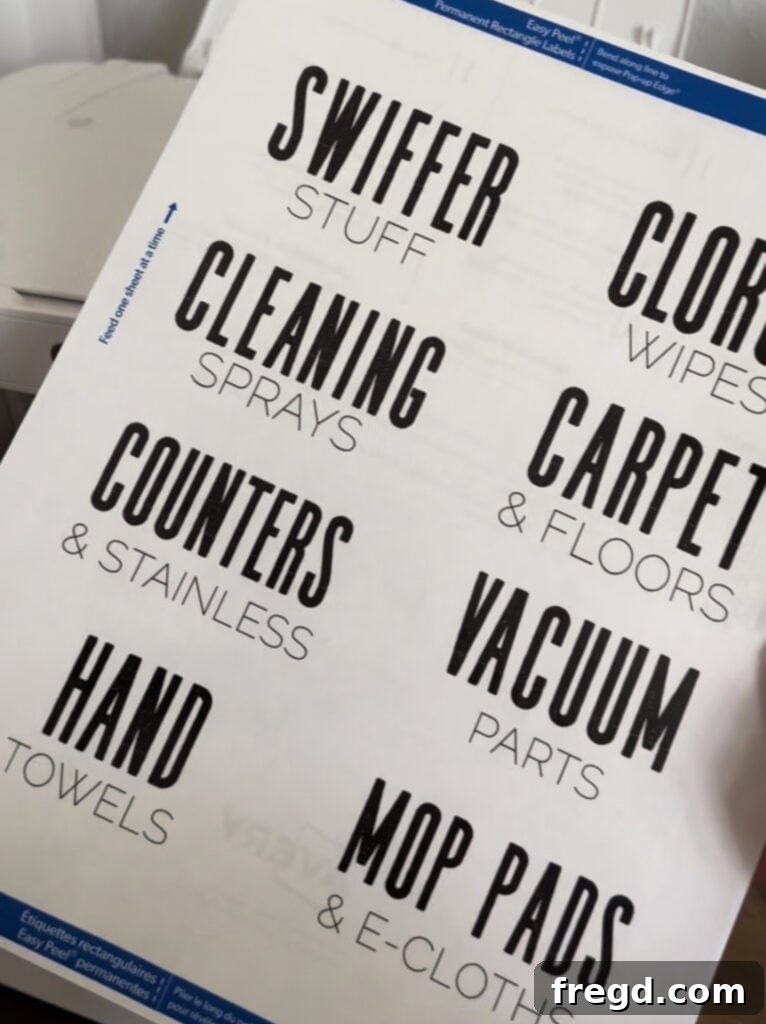 Labeled storage bins for cleaning supplies inside a tidy utility closet