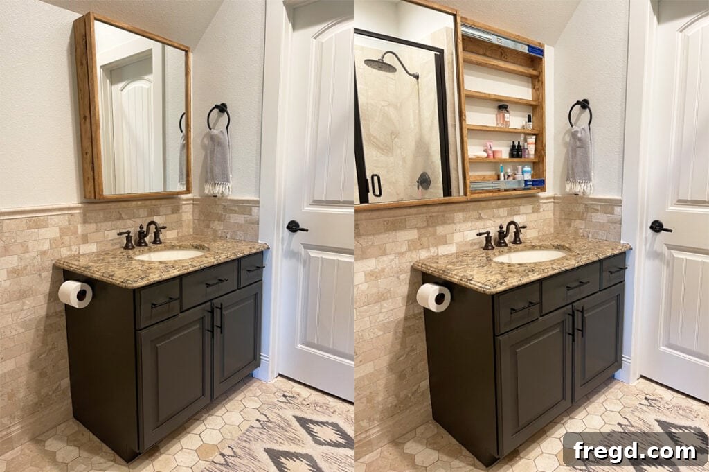 Elevate Your Bathroom with DIY Mirrored Storage 23 A beautifully decorated and organized bathroom, showcasing the functionality of the DIY hidden medicine cabinet.