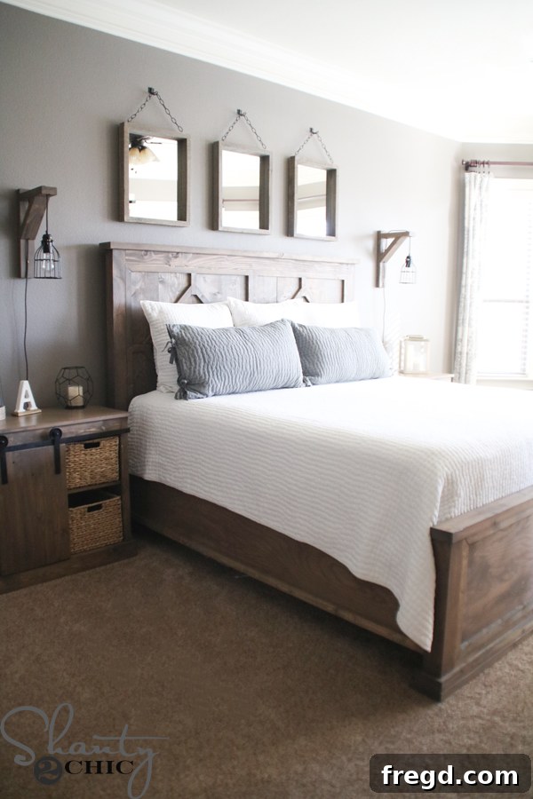 DIY Rustic Modern King Bed frame constructed with Kreg Jig.