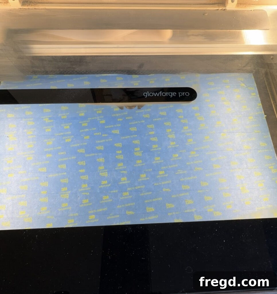 Chalkboard material masked with painter's tape, ready for laser cutting.