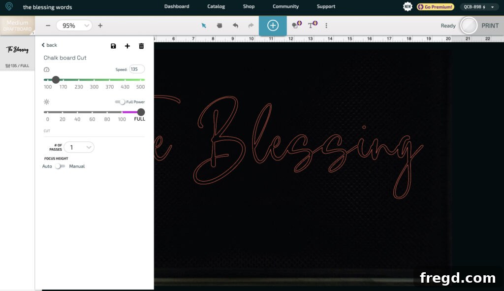 Glowforge Design Studio displaying custom cut settings for chalkboard material.