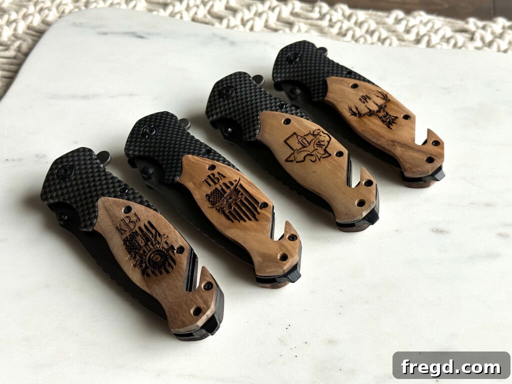Set of kitchen knives with custom laser-engraved handles, a perfect personalized gift.