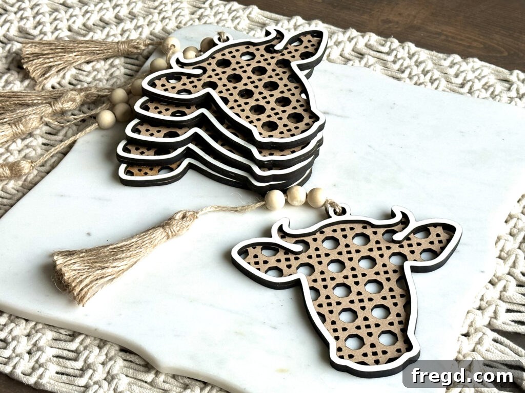 Cute cow-shaped wooden ornaments, perfect for rustic or farm-themed decor.