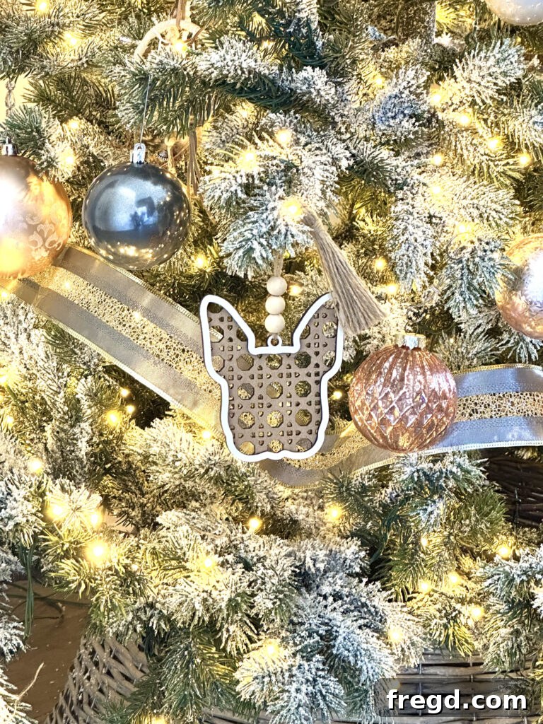 French Bulldog shaped wooden ornaments, showcasing detailed laser cuts.