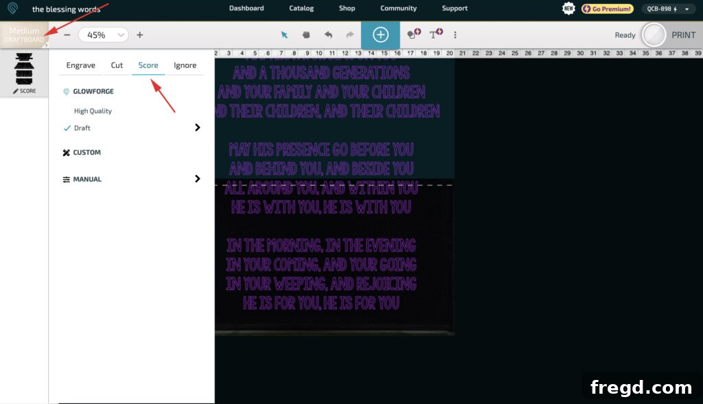 Glowforge Design Studio interface showing material settings for medium draft board and 'score' option.