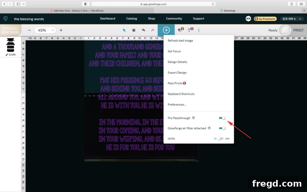 Screenshot of Glowforge Design Studio with the passthrough toggle activated for large projects.