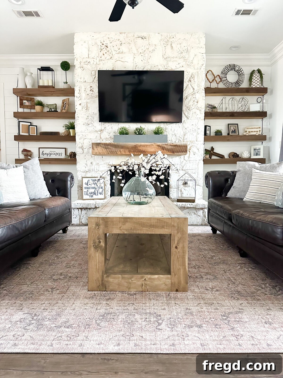 A robust rustic wood coffee table, showcasing a natural finish and solid construction, ideal for a cozy living room.