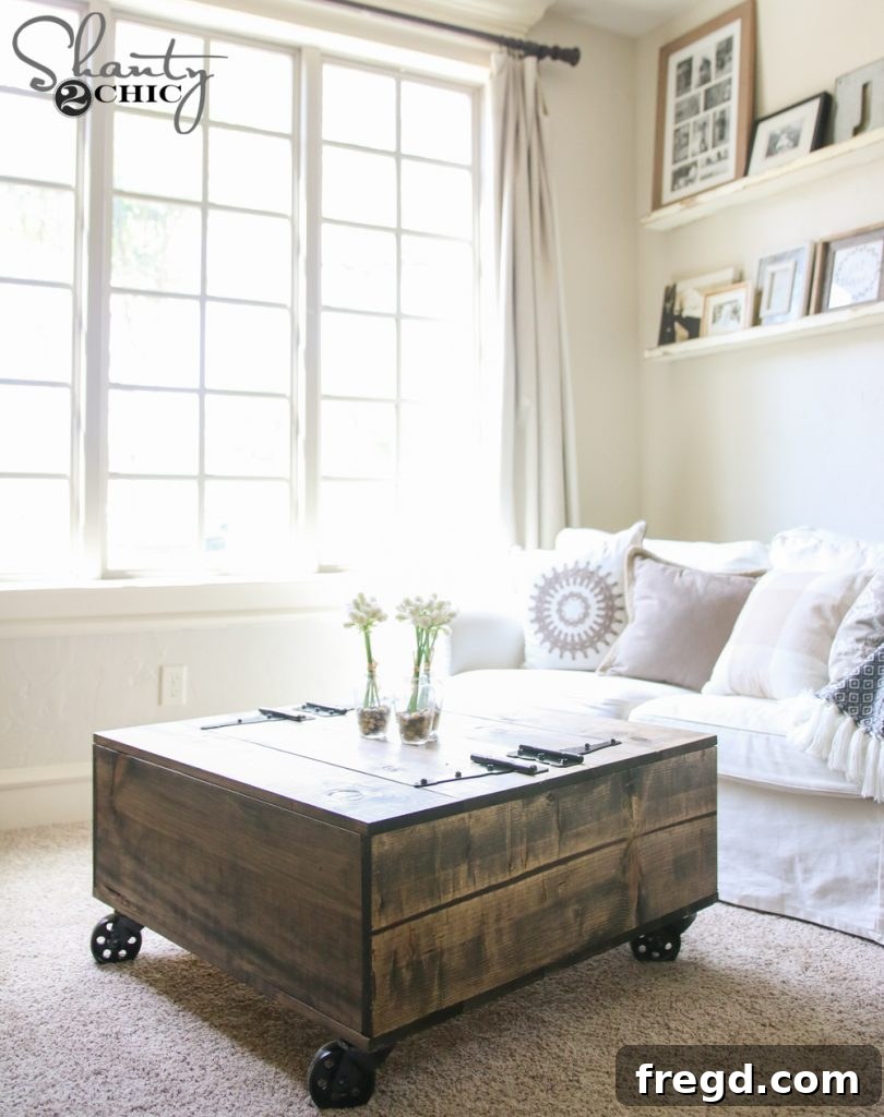 A functional storage coffee table with a lift-top mechanism, providing hidden storage space for living room essentials.