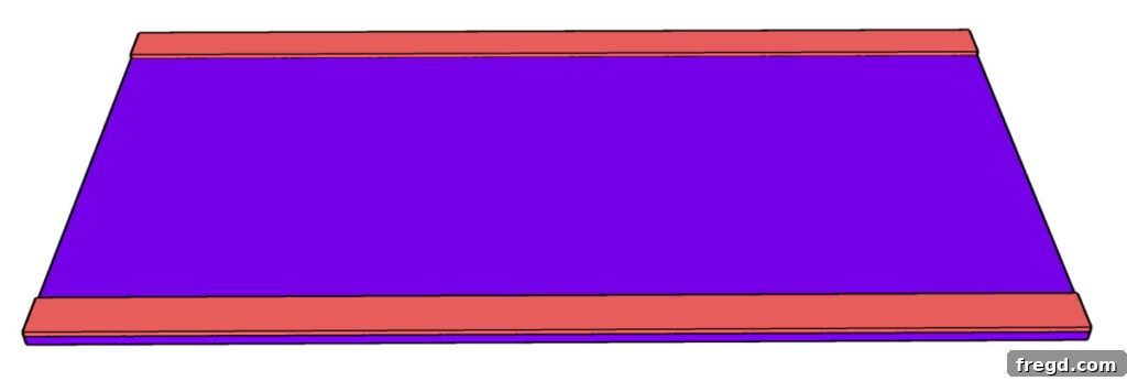 Diagram showing the layout of the long and short frame boards on the plywood base for the coffee table top.