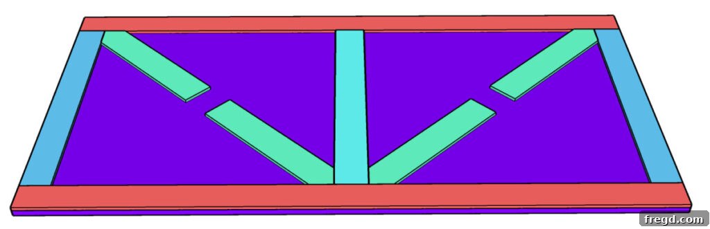The first set of corner pieces for the parquet design, cut at 45-degree angles, being placed and secured on the table top frame.