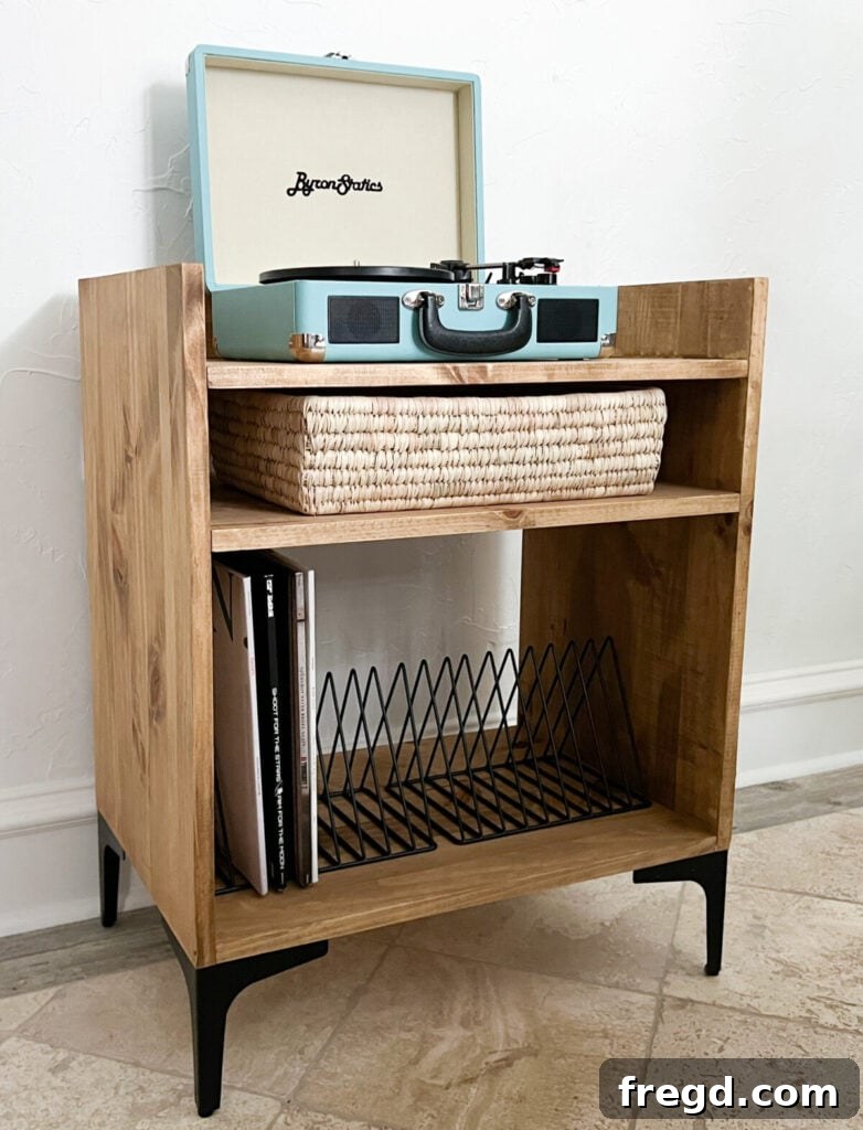 Craft Your Own Vinyl Listening Station 2 Finished DIY Record Player Stand with a record player and vinyl records