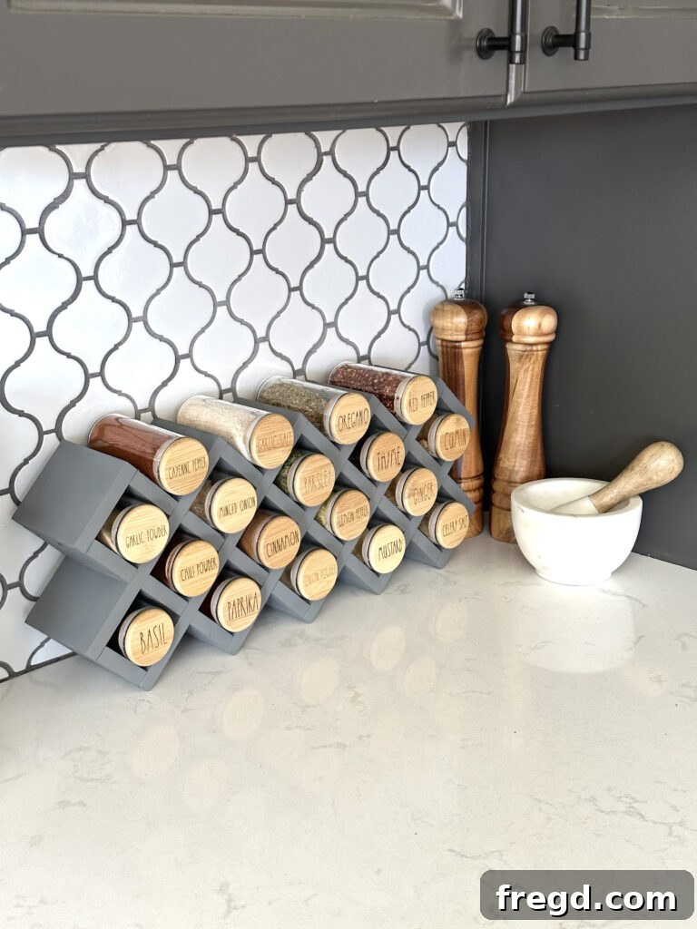 Craft Your Custom Countertop Spice Organizer 20 The finished spice rack displayed on a kitchen countertop against a backsplash.