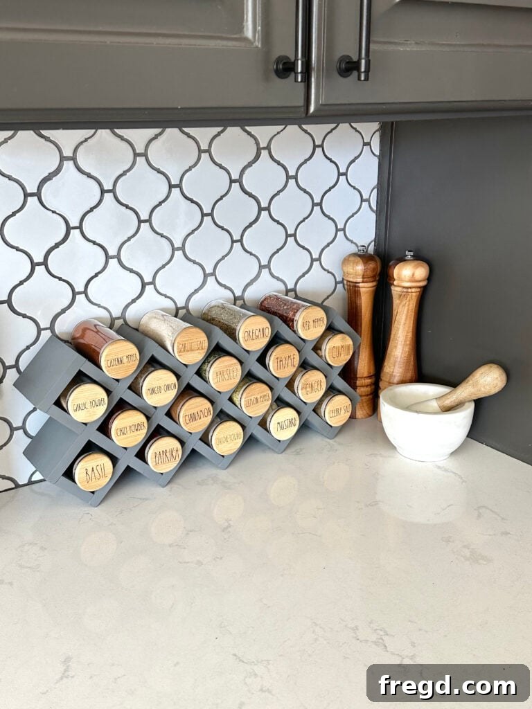 Craft Your Custom Countertop Spice Organizer 21 Another perspective of the elegant countertop spice rack in a kitchen.