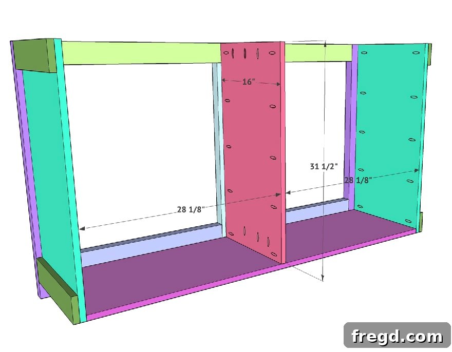 Build Your Own Elegant Buffet Table 13 Diagram showing the installation of the plywood middle divider, with pocket hole locations for attachment to the cabinet base and back face frame.