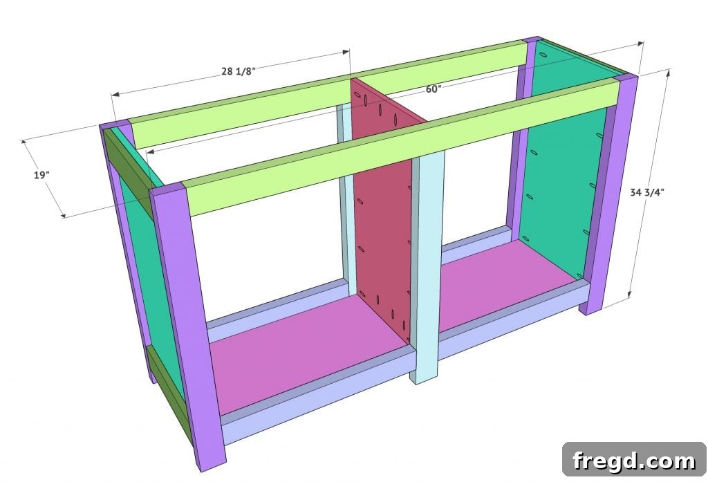 Build Your Own Elegant Buffet Table 14 Diagram demonstrating how to attach the front face frame to the assembled cabinet structure, highlighting pocket hole screw placement for a secure bond.