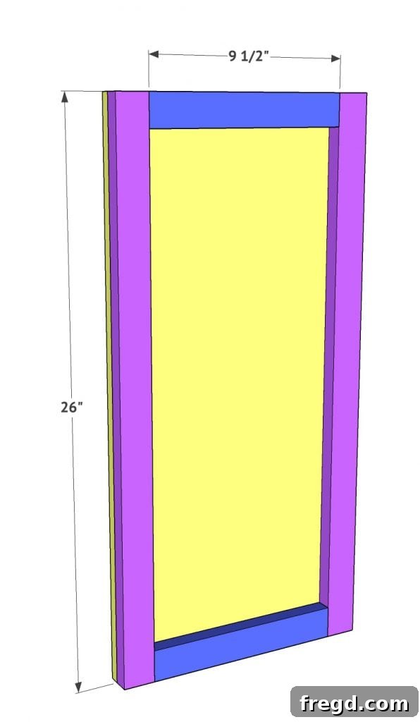 Build Your Own Elegant Buffet Table 17 Detailed view of attaching the 1x4 trim pieces to the 1/2 inch hardwood plywood door panels using wood glue and brad nails.