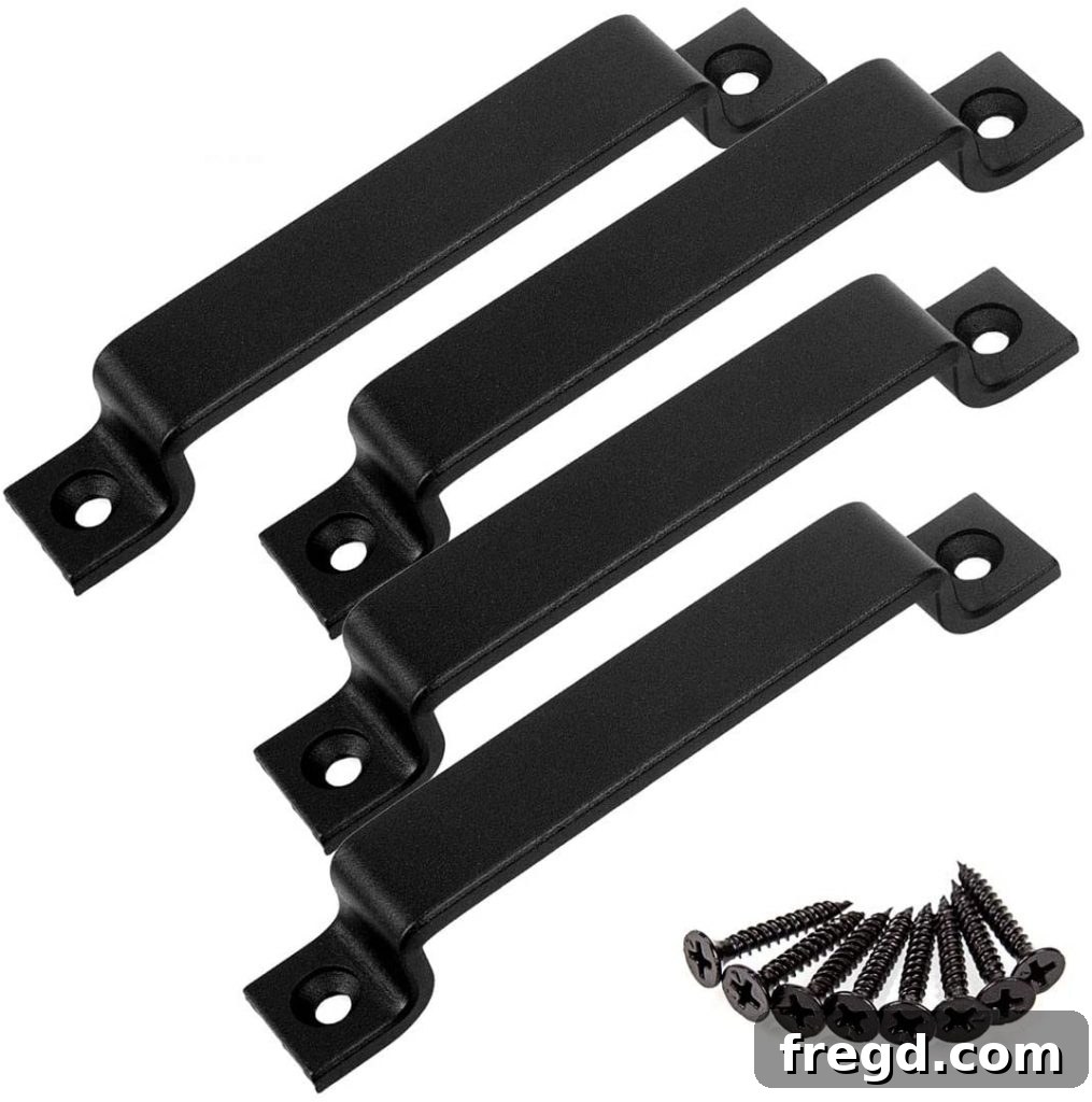 Build Your Own Elegant Buffet Table 27 Elegant black pull handles securely attached to the cabinet doors of the buffet table, enhancing the modern farmhouse appeal.