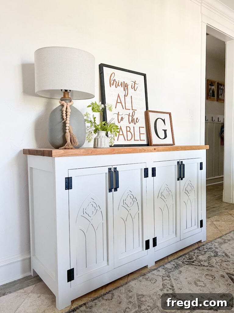 Build Your Own Elegant Buffet Table 28 The completed DIY Modern Farmhouse Buffet Table, perfectly styled in a dining room, showcasing its functionality and elegant design.