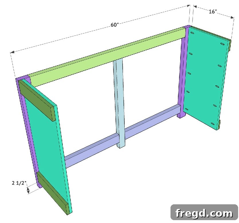 Build Your Own Elegant Buffet Table 9 Diagram illustrating the attachment of the cabinet side frames to the back face frame using pocket hole screws, emphasizing proper alignment.