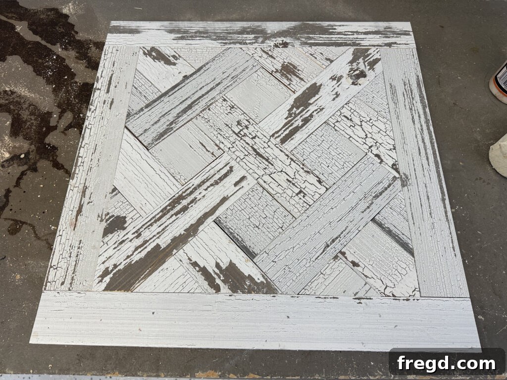 Your First End Table A Simple DIY Project 11 Triangle pieces being measured, cut, and fitted into the parquet design
