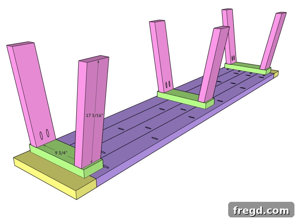 Attaching the main angled bench legs to the top supports.