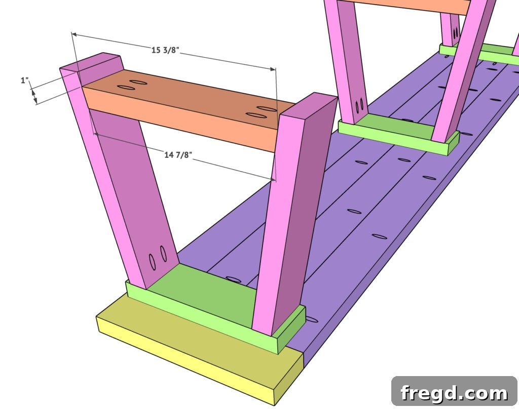 Installing the angled leg supports to reinforce the bench's base structure.