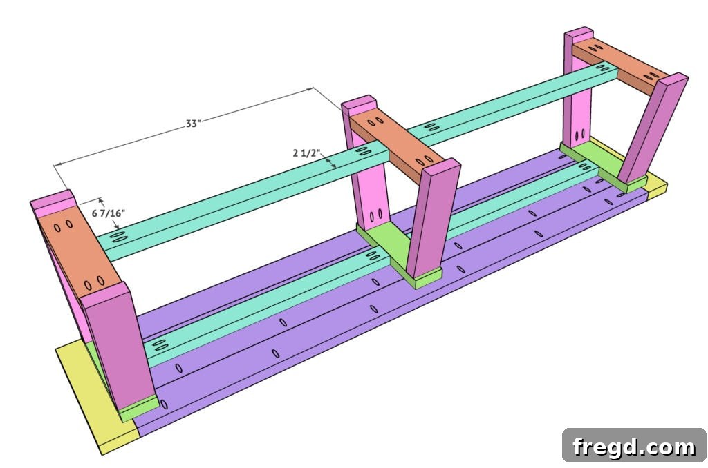 Attaching the final horizontal supports to complete the bench frame.