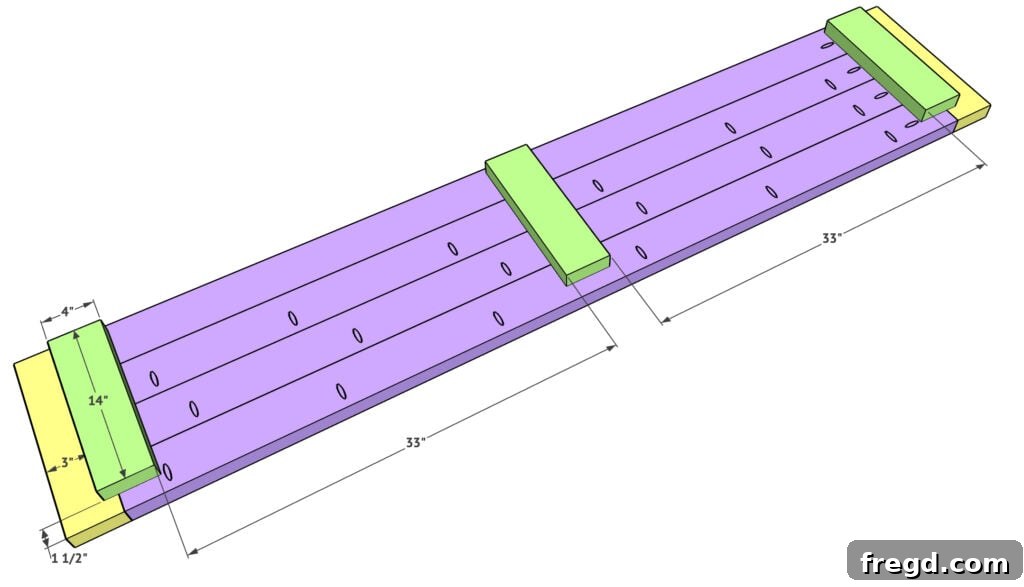 Attaching the top leg supports to the underside of the bench top.