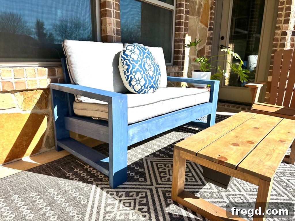 Completed DIY Outdoor Couch, showcasing its simple yet elegant design and sturdy build