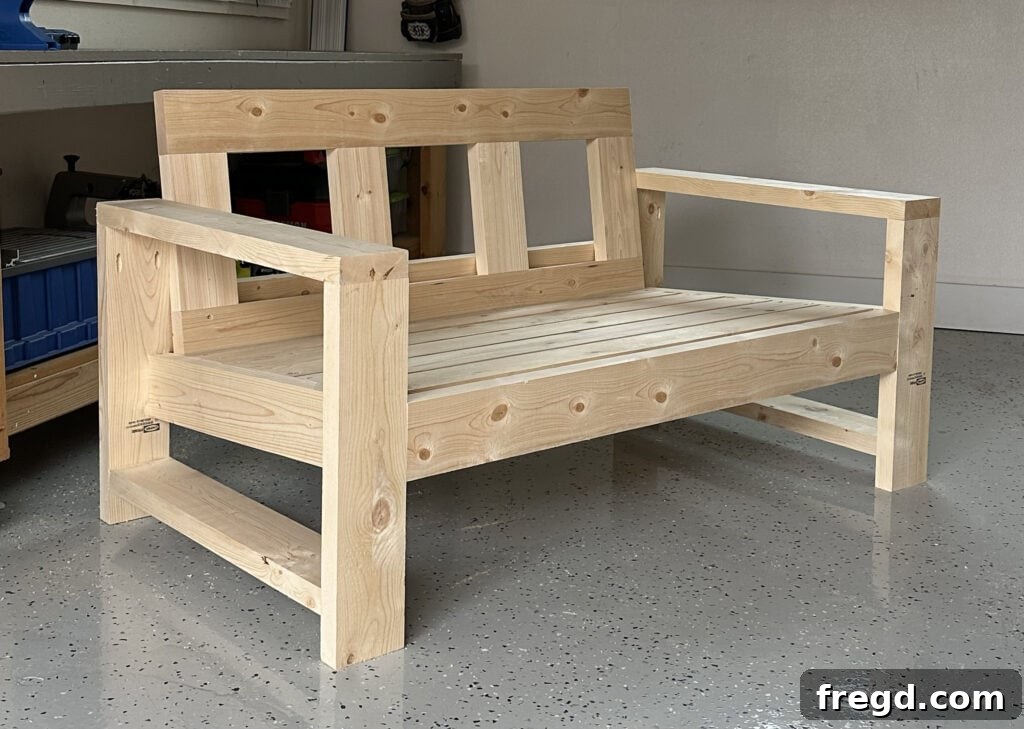 DIY Outdoor Couch fully assembled and ready for the finishing steps