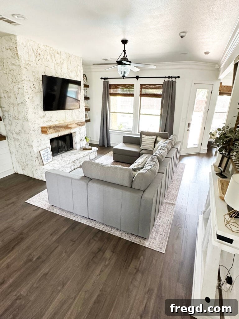 A comfortable Lovesac Sactional in a light-colored fabric, perfectly integrated into a modern living room setting.