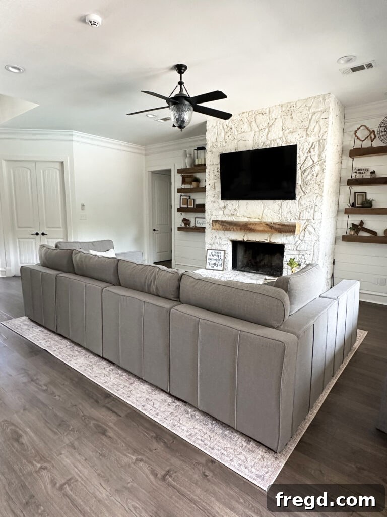 Another perspective of the Lovesac Sactional, showcasing its modular capabilities and how it fits the room's dimensions.