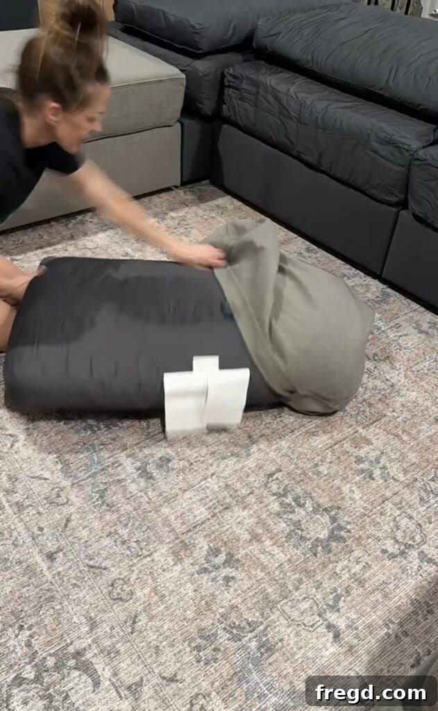 Close-up of a Lovesac Sactional back pillow being covered, demonstrating the process of fitting the washable cover.