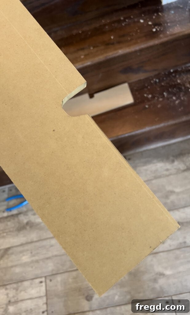 Using a jigsaw to cut MDF panel to fit around the stair tread at the base of the newel post.