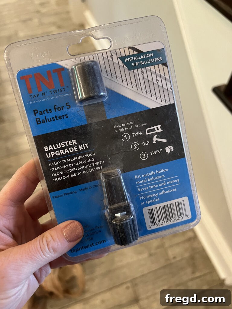 Tap N' Twist baluster installation kit components, showing the inserts and screw mechanism.