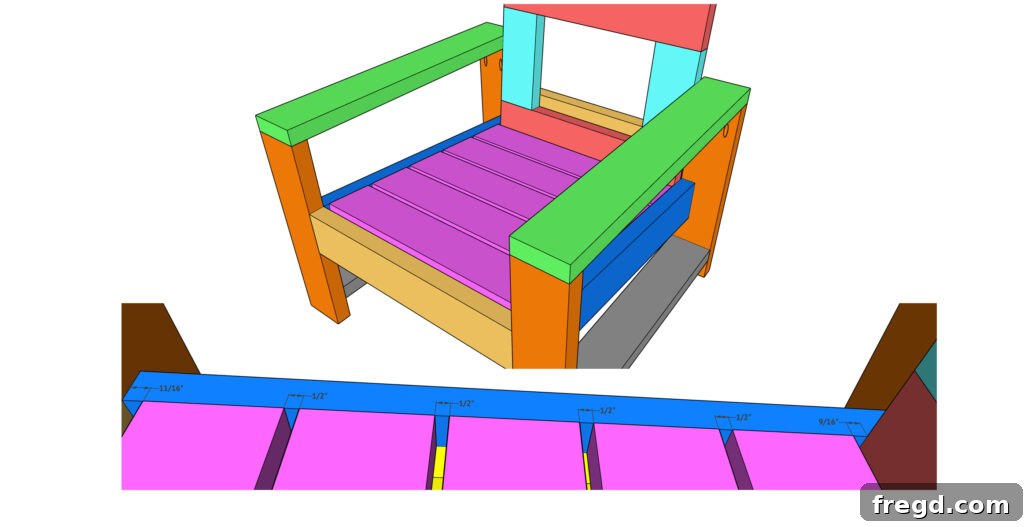Attaching the seat slats to the chair frame, ensuring even spacing for comfort and drainage.