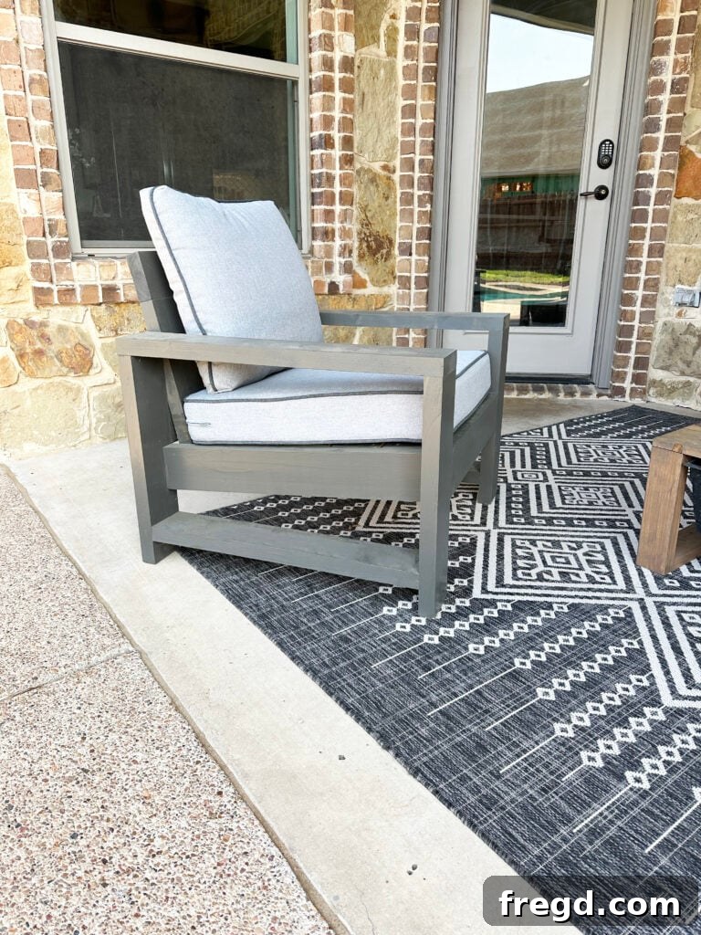 Another view of the DIY outdoor chair, showcasing its sturdy construction and inviting comfort.