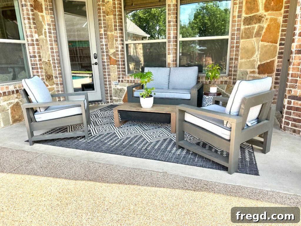 A serene outdoor setting with the newly built DIY chairs and cushions, inviting you to relax.