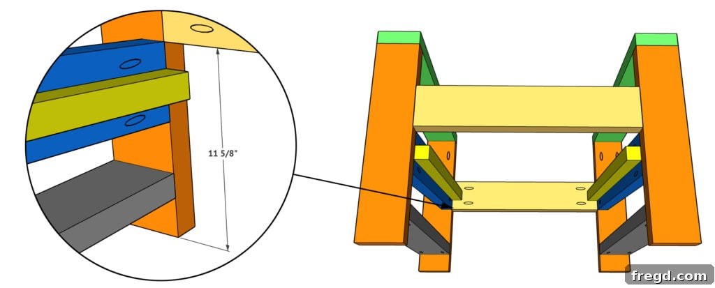 Attaching the front stretcher to the arm frames of the outdoor chair, completing the main base.