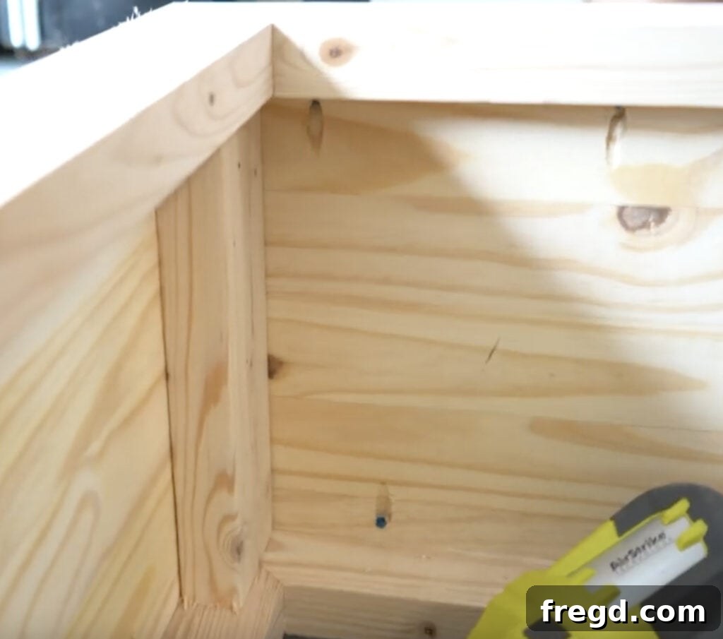 Securing side supports with wood glue and brad nails