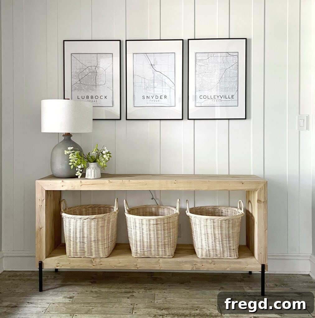 Finished DIY Modern Waterfall Console Table in an entryway